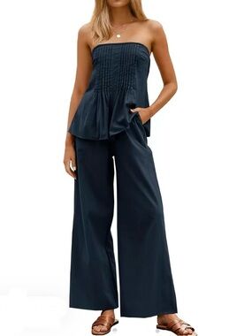 NWT Tankaneo Strapless Navy Blue Two Piece Set Wide Leg Pants Outfit Size M